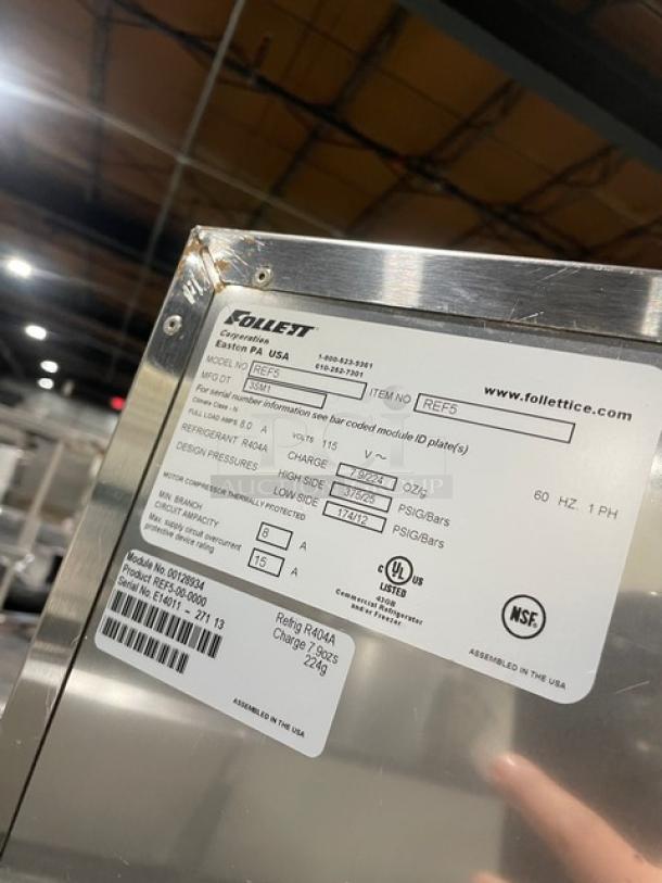 Follett REF5 medical-grade undercounter refrigerator, stainless steel, single door, poly-coated rack, 115V, model REF5.