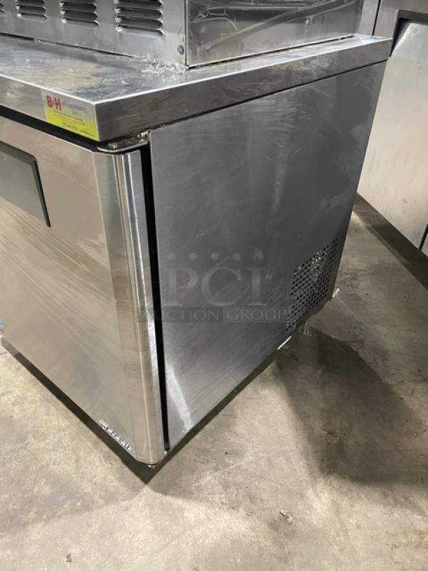Turbo Air M3 Series MUR-28 stainless steel undercounter refrigerator with single solid door, poly coated rack, on casters.