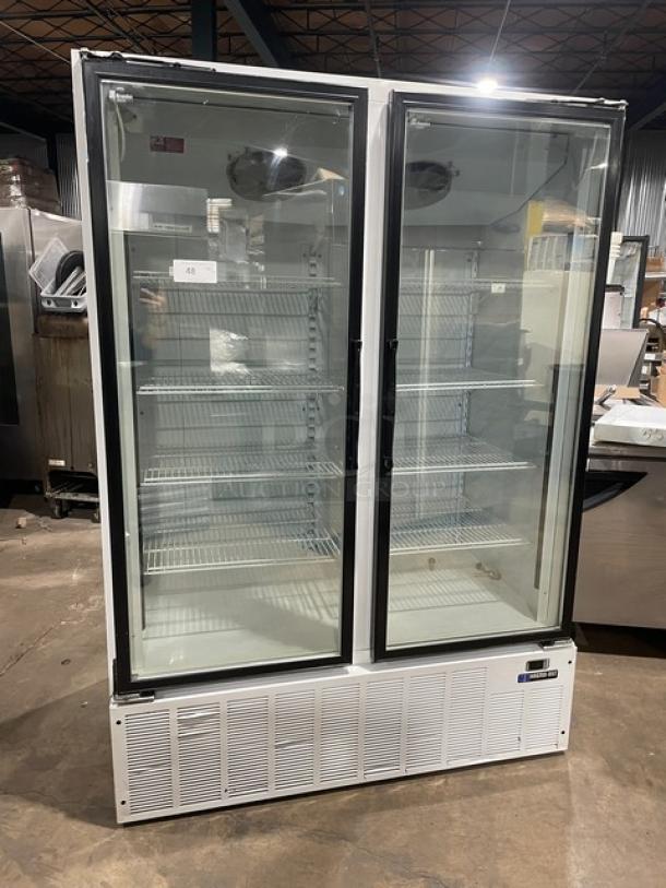 Master-Bilt BLG-52HD commercial reach-in refrigerator, white, double glass swing doors, poly coated wired racks, 1 phase.