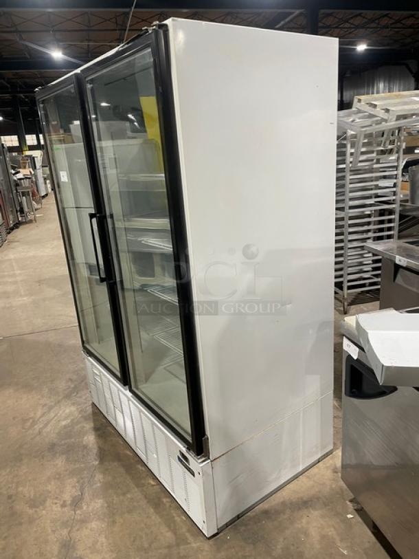 Master-Bilt BLG52HD commercial fridge, white double glass swing doors, poly-coated wire rack, 1 phase, model BLG-52HD.