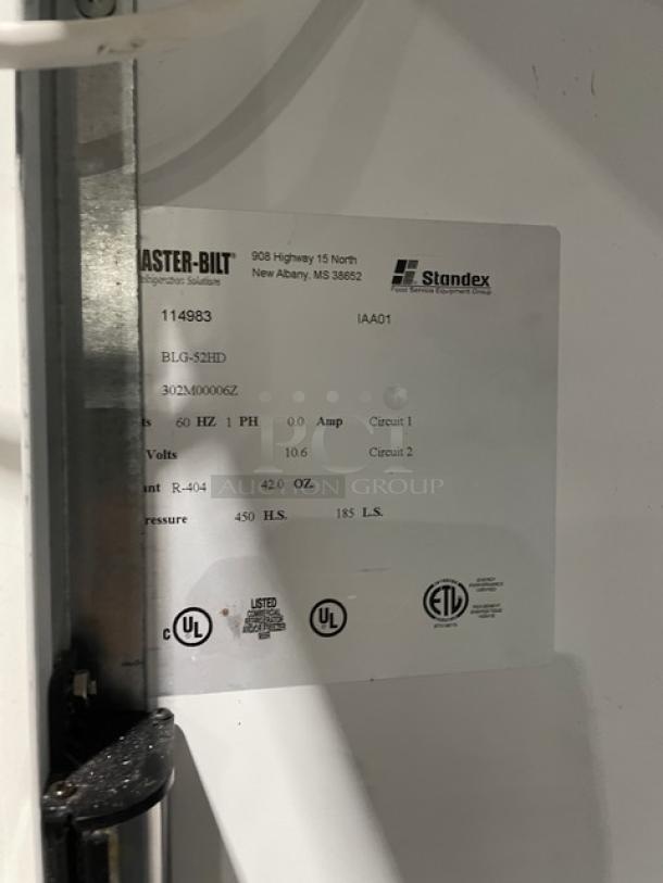 Master-Bilt BLG-52HD commercial refrigerator label, model BLG52HD, SN 302M00006Z, 1 phase, UL certified, New Albany, MS.