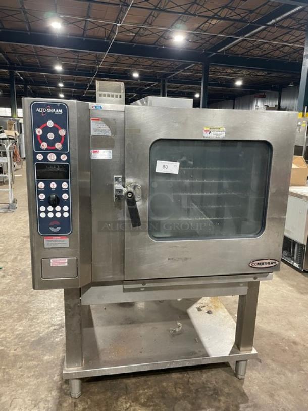 Alto-Shaam Combitherm Series combi oven, model 714MLG, stainless steel, natural gas, with wired rack and single undershelf, on legs.