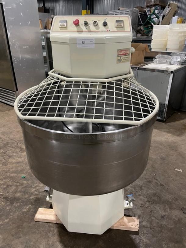 VMI SPI220M electric spiral mixer with bowl guard, removable bowl, and dough hook. 220V, 3 phase, model SN: 68635.
