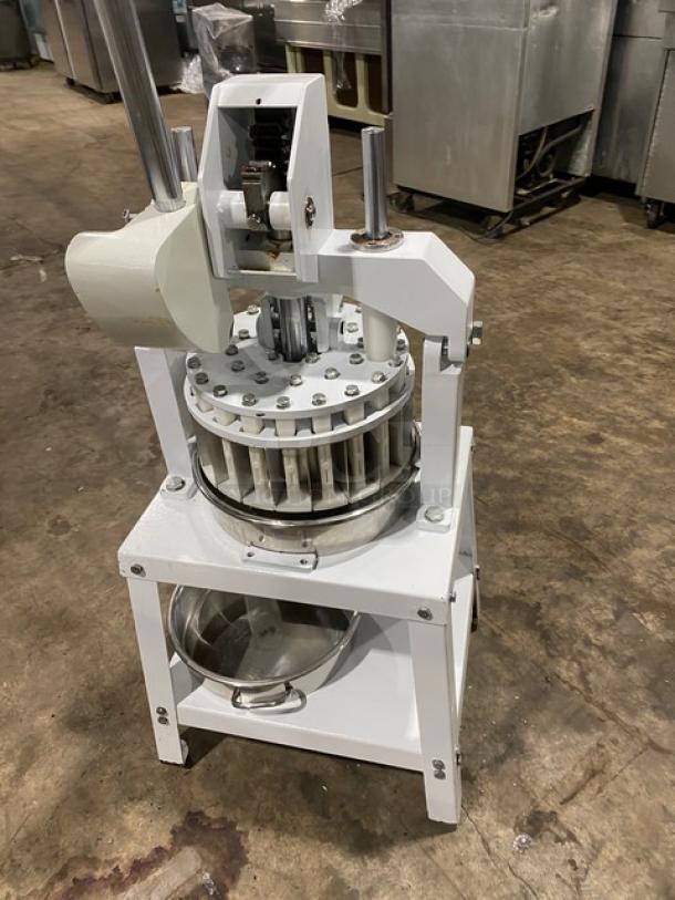 Migsa commercial manual dough divider with single undershelf on legs, white, features adjustable slicing mechanism and sturdy build.