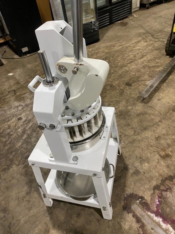 Migsa commercial white manual dough divider with single undershelf, on legs. Appears in good condition, sturdy construction.