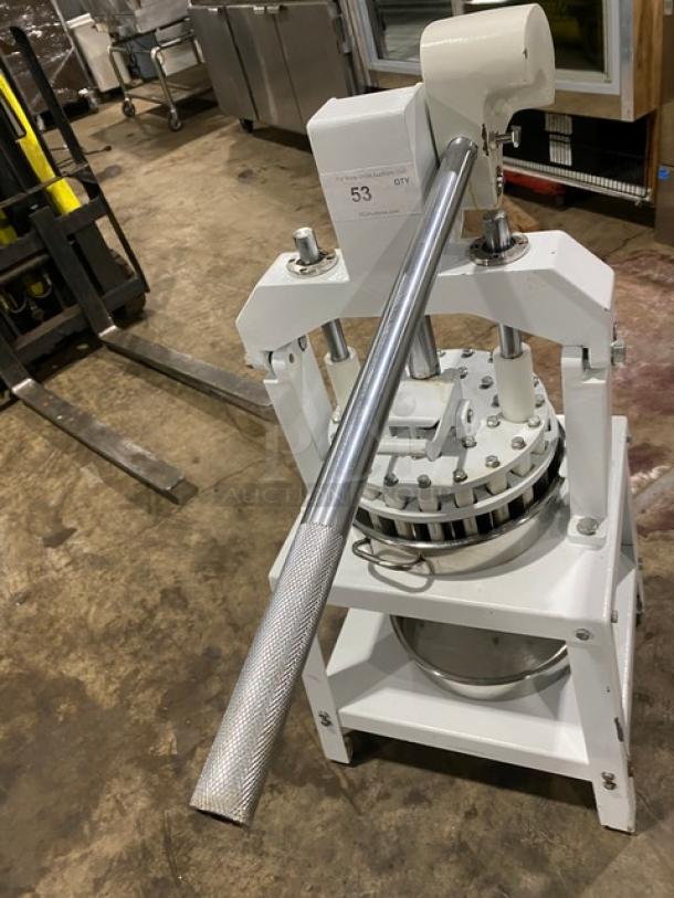 Migsa commercial white manual dough divider, features single undershelf and sturdy legs. Appears in good condition with lever handle.