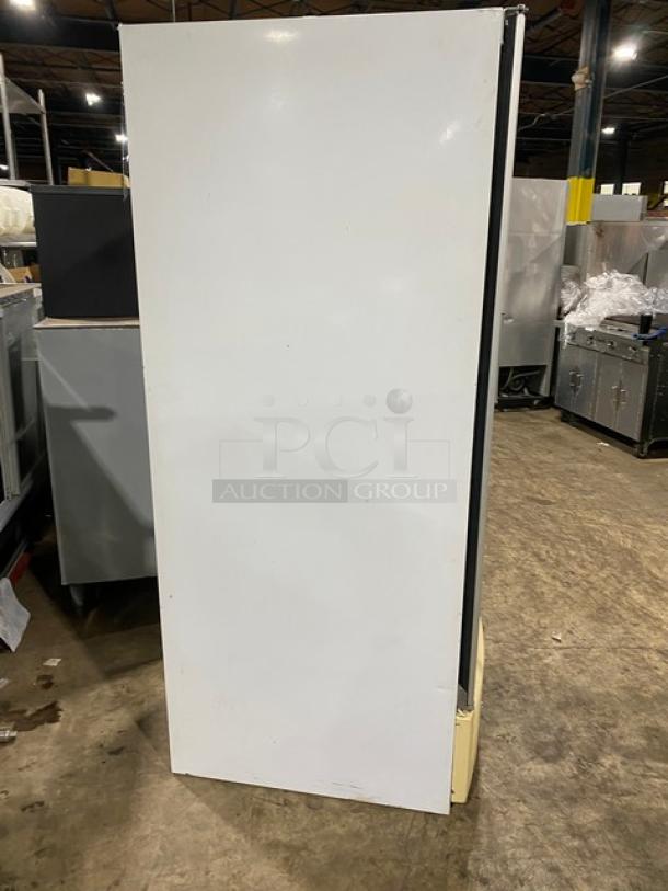 Carrier Commercial White Single Glass Swing Door Merchandiser Refrigerator, Model ULG30BS5, with poly-coated wire rack.