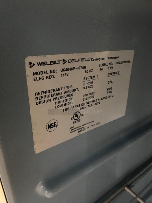 Delfield UC4048P-STAR undercounter refrigerator label, 115V, 1 phase, stainless steel, on casters, includes coated wire rack.