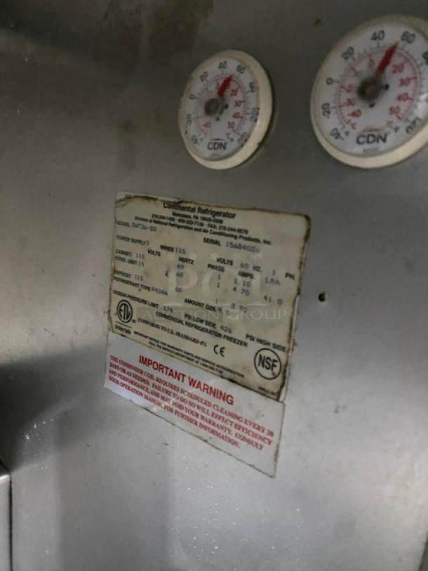 Continental SWF36BS worktop freezer, stainless steel, dual door, upturned backsplash, model SWF36BS, 115V, on casters, serial 15684026.