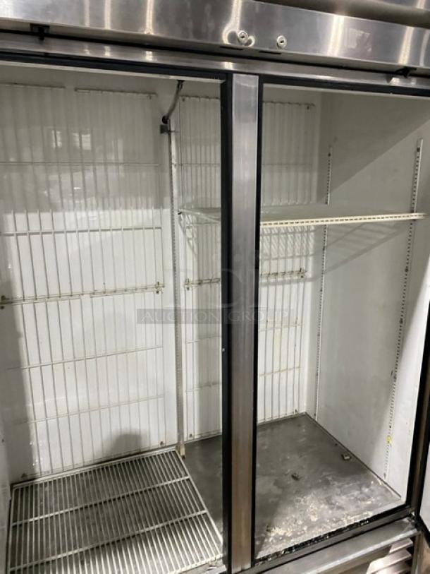 True Commercial Stainless Steel 2 Door Reach-In Freezer, Model T-49F, features poly-coated wired racks, 115V 1 Phase.