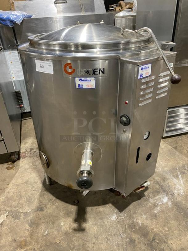 Groen AH/1-40 stainless steel steam kettle, natural gas powered, 40 lb capacity, stationary, on legs, Model SN: 49571, 115V, 1 phase.
