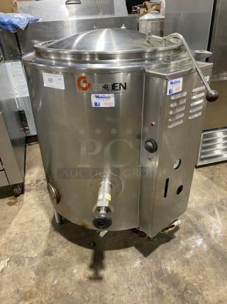 Groen AH/1-40 stainless steel steam kettle, natural gas powered, 40 lb capacity, stationary, on legs, Model SN: 49571, 115V, 1 phase.