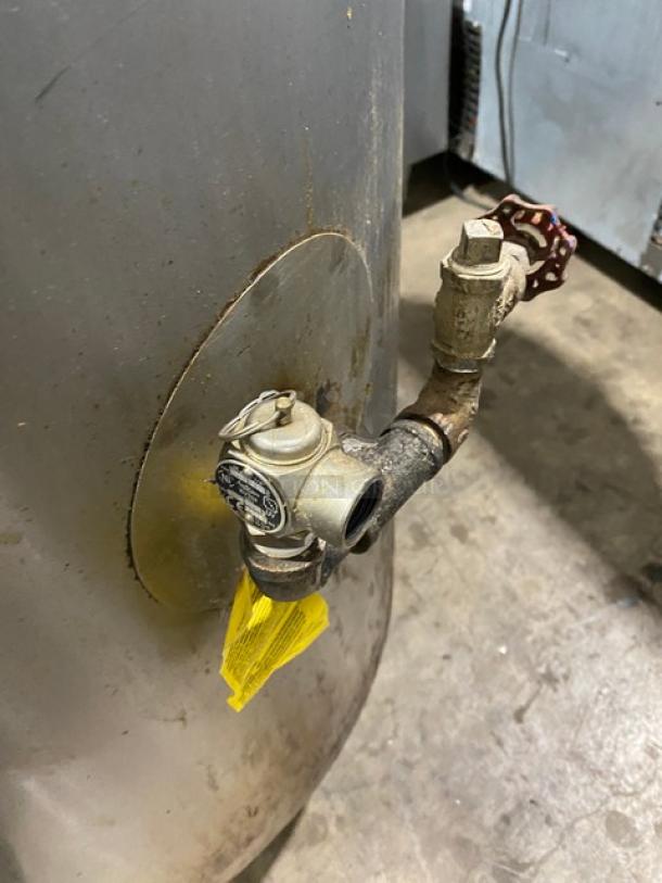 Groen AH/1-40 stainless steel steam kettle, natural gas powered, on legs. Visible valve with label, shows wear.