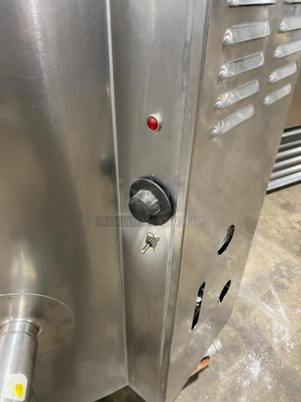 Groen AH140 stainless steel steam jacketed kettle, natural gas-powered, 40 lb. capacity, 115V 1 Phase, on legs, excellent condition.