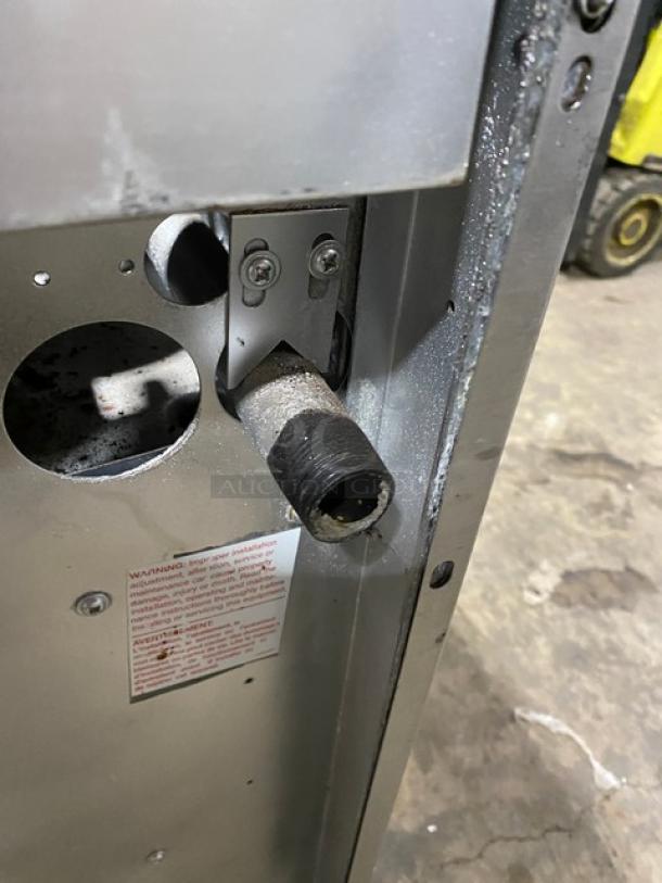 SunFire Stainless Steel 6-Burner Range/Oven, natural gas, with backsplash, salamander shelf, wired rack, on casters, close-up.