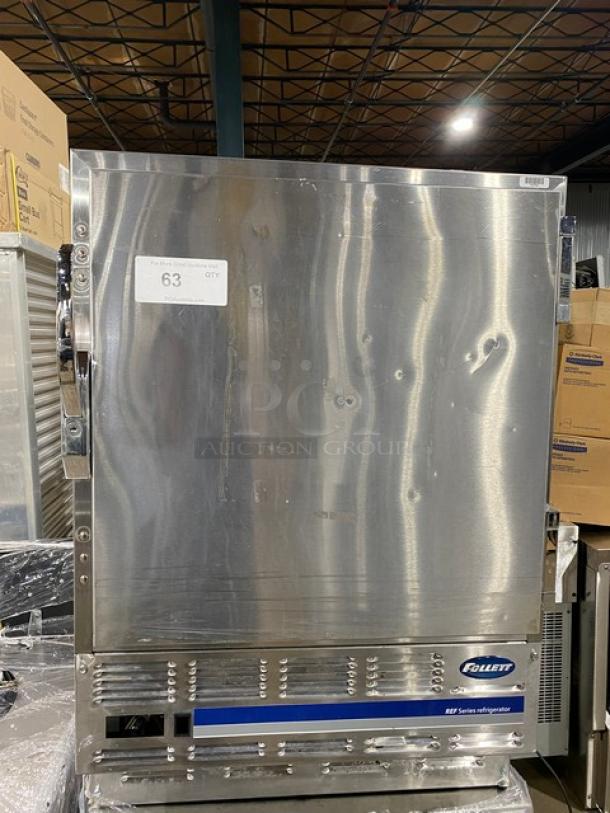 Follett REF5 commercial stainless steel undercounter medical-grade refrigerator, single door, poly-coated wired rack, model REF5.