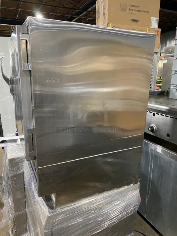 Follett REF5 stainless steel medical-grade undercounter refrigerator, single solid door, poly-coated wired rack, model REF5, SN: E15950-28513.