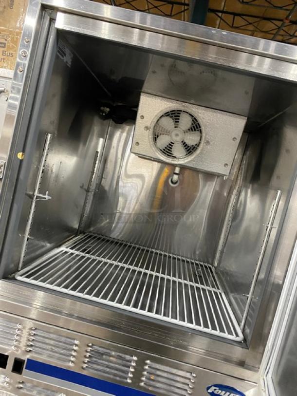 Follett REF5 medical-grade undercounter refrigerator, stainless steel, single door, poly-coated wired rack, 115V, model SN: E15950-28513.