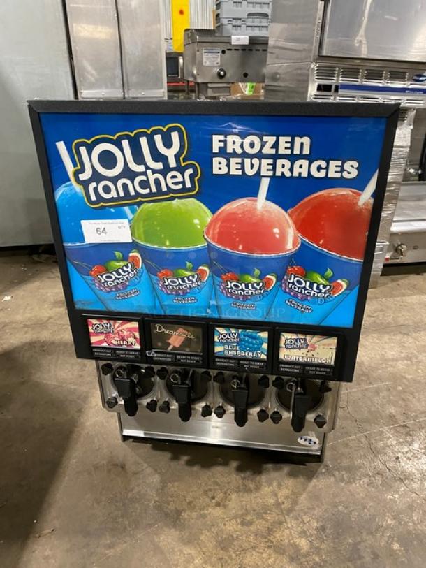 FBD Stainless Steel 4-Flavor Icee/Slushy Dispenser, Jolly Rancher style, electric powered, SN: 12020200, countertop model.