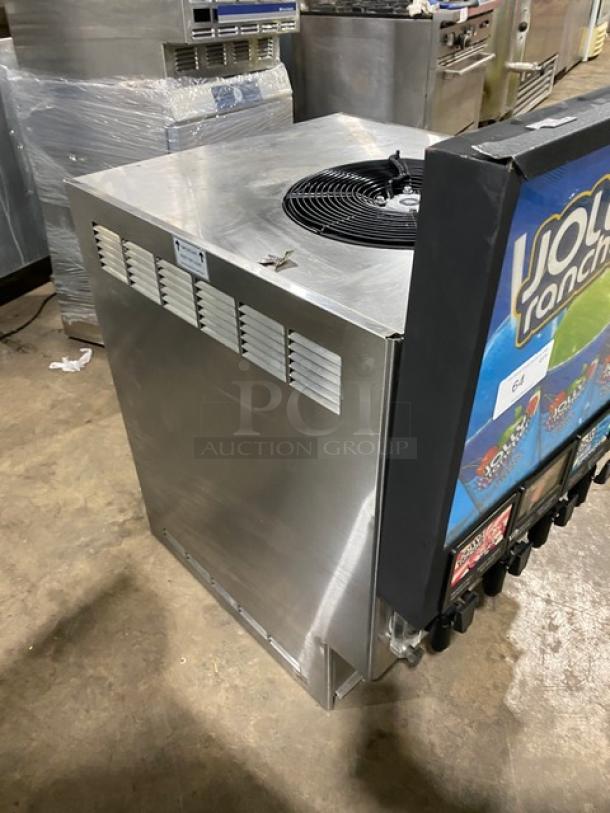 FBD Commercial 4-flavor stainless steel electric slushy dispenser, Jolly Rancher style, in used condition, SN: 12020200.