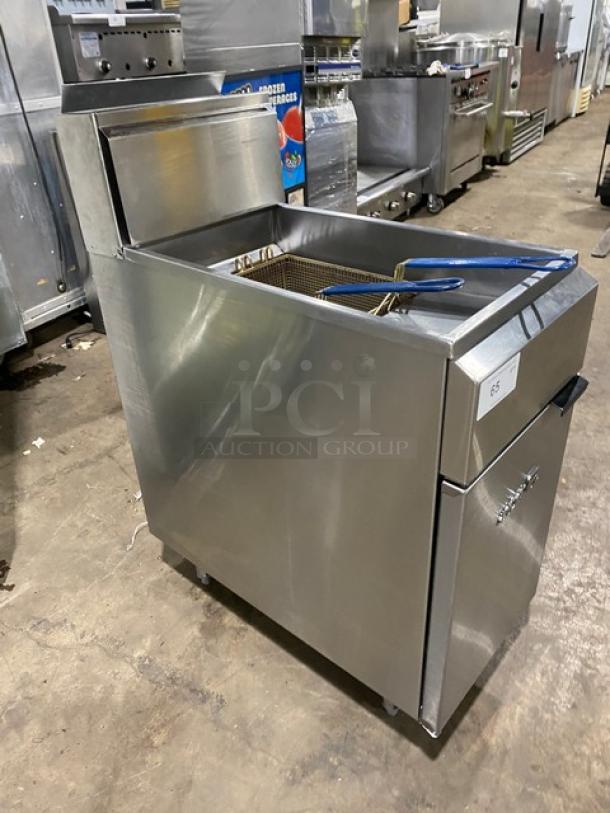 Asber stainless steel gas deep fat fryer with back splash, basket hanger, fry basket, and legs. Commercial model.