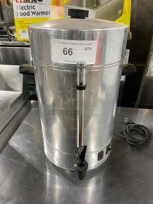 Commercial stainless steel electric coffee urn, insulated, with power cord and visible control panel. Item number 66.