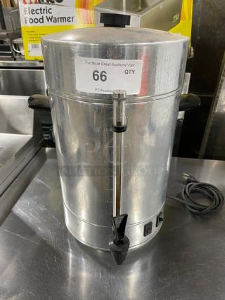 Commercial stainless steel electric coffee urn, insulated, with power cord and visible control panel. Item number 66.