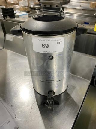 Commercial stainless steel electric coffee urn, insulated, model 936. Visible label with auction number 69. Appears in good condition.