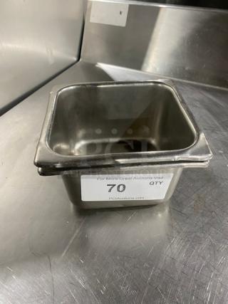 Commercial stainless steel hotel/steamtable pan in used condition. Label indicates quantity of 70. Suitable for professional kitchens.