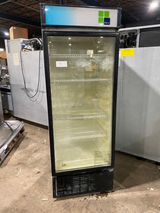 Turbo Air TGM-22RV commercial single glass swing door merchandiser refrigerator with poly-coated wire racks, 115V.