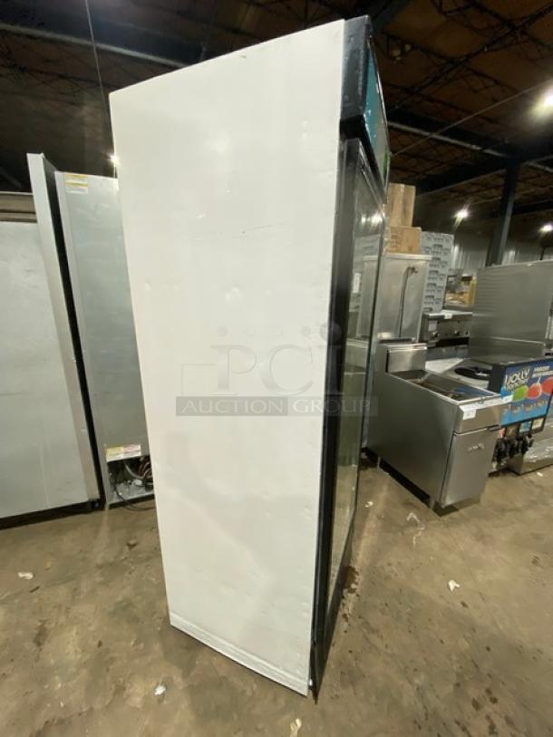 Turbo Air TGM22RV commercial white single glass door reach-in merchandiser refrigerator with poly coated wired rack, SN: GR22304119.