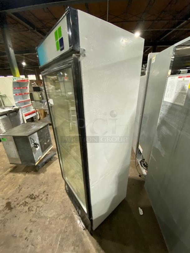 Turbo Air TGM-22RV commercial refrigerator, single glass swing door, white, poly-coated wired rack, 115V, model TGM22RV.