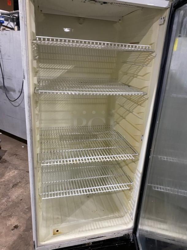 Turbo Air TGM-22RV commercial white single glass swing door reach-in merchandiser refrigerator, poly coated wired racks, model TGM22RV, 115V, 1 phase.