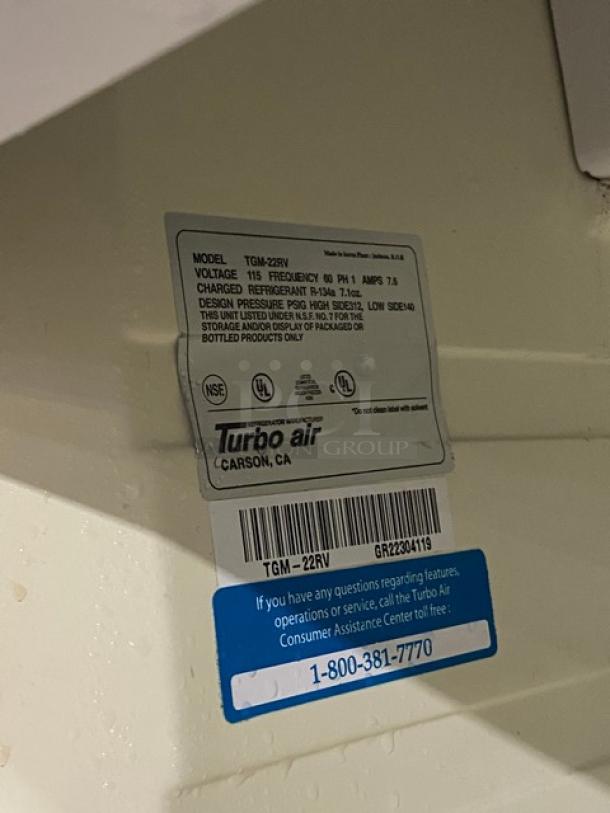 Turbo Air Commercial White Single Glass Swing Door Merchandiser Refrigerator, Model TGM-22RV, with Poly Coated Wired Rack.
