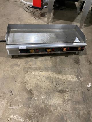 Copper Beech CBETG-48 stainless steel griddle with back and side splash, electric, 48", 240V, on legs, pre-owned.