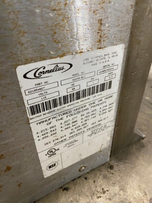 Cornelius ED250BCZ 8-flavor beverage dispenser, push-button control, model ED250-BCZ, SN: 62A0523ED243, 115V, used condition.