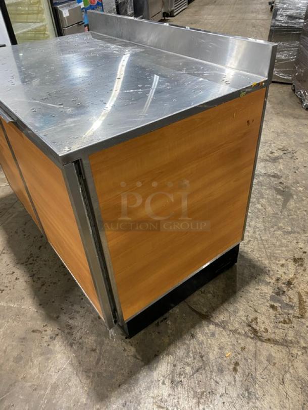 Duke RUF48M stainless steel 2-door refrigerated worktop with up-turned back splash, Energy Star certified, 120V, commercial use.