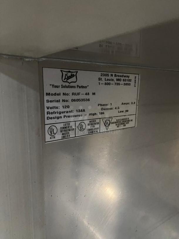 Duke RUF48M Stainless Steel 2-Door Refrigerated Worktop with Back Splash, Energy Star Certified, serial 06053536, 120V.