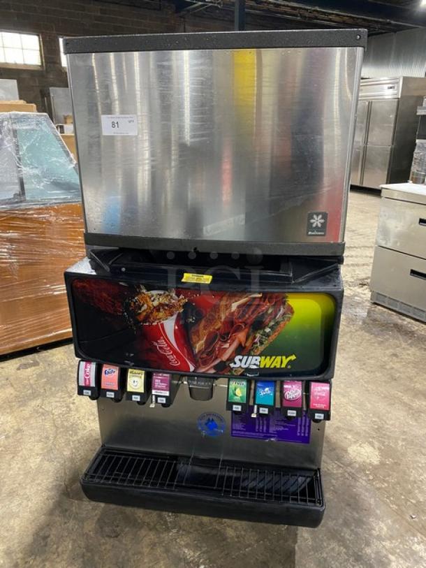 Manitowoc Q Series modular ice maker model QD0452A with 8-flavor soda dispenser, stainless steel, on legs, with drip tray.