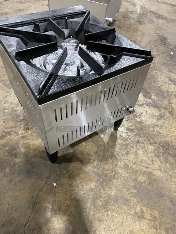 L&J OWST-018-2 stainless steel natural gas single burner stock pot range on legs, in good condition.