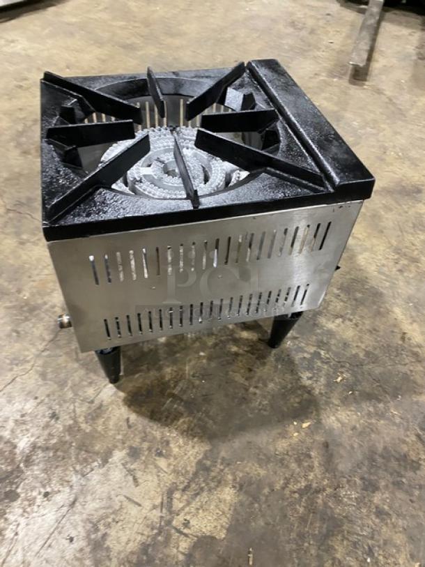 L&J model OWST0182 stainless steel natural gas stock pot range on legs. Single burner, commercial-grade, good condition.