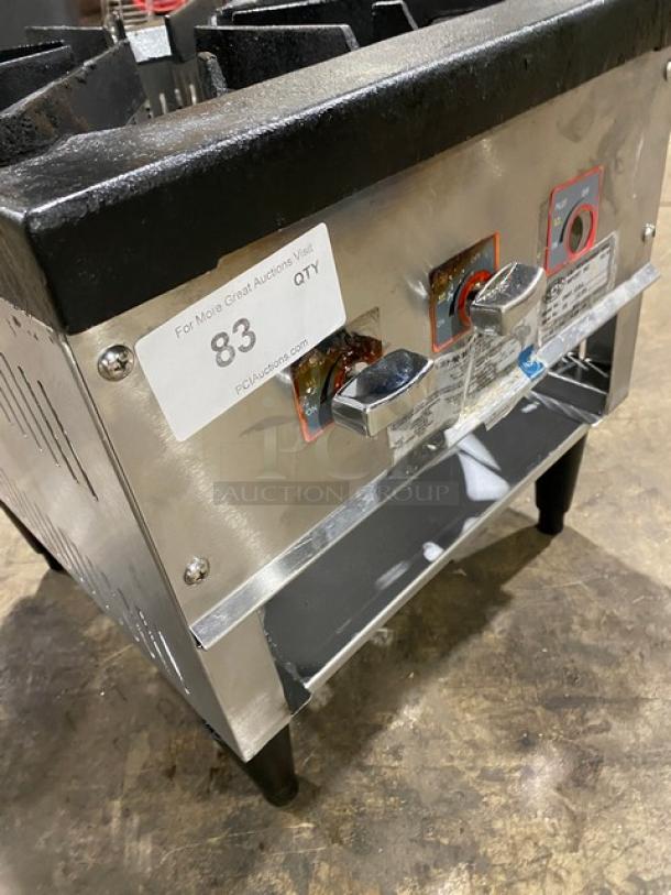 L&J OWST0182 stainless steel single burner stock pot range, natural gas, on legs, SN: 172056, auction tag visible.