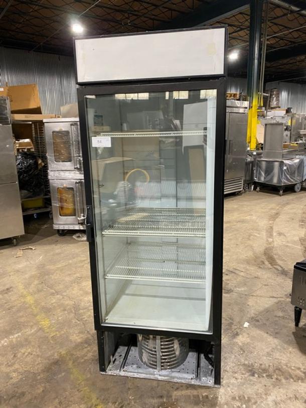 Beverage-Air MT27 merchandiser refrigerator, single glass swing door, poly-coated wired rack, black, 115V, excellent condition.