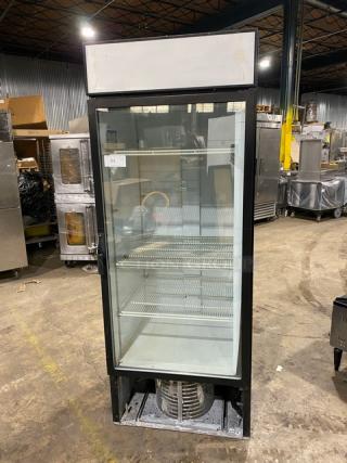 Beverage-Air MT27 merchandiser refrigerator, single glass swing door, poly-coated wired rack, black, 115V, excellent condition.