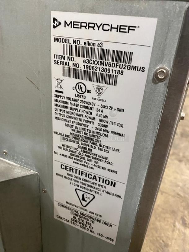 MerryChef Eikon E3 rapid cook oven label, 208/240V, Model: Eikon E3, SN: 1906213091188, 2019 make, stainless steel.