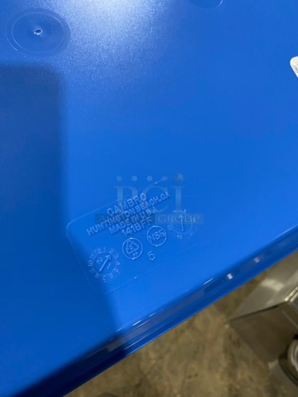 Cambro blue rectangular tray, model 1418FF, embossed with branding and model info, excellent condition, durable plastic.