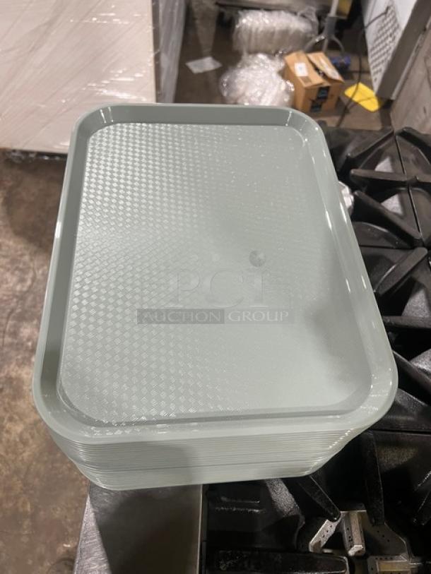 Cambro Commercial Pearl Gray 12"x16" Rectangular Tray, Model 1216FF. New condition, stack of trays shown.