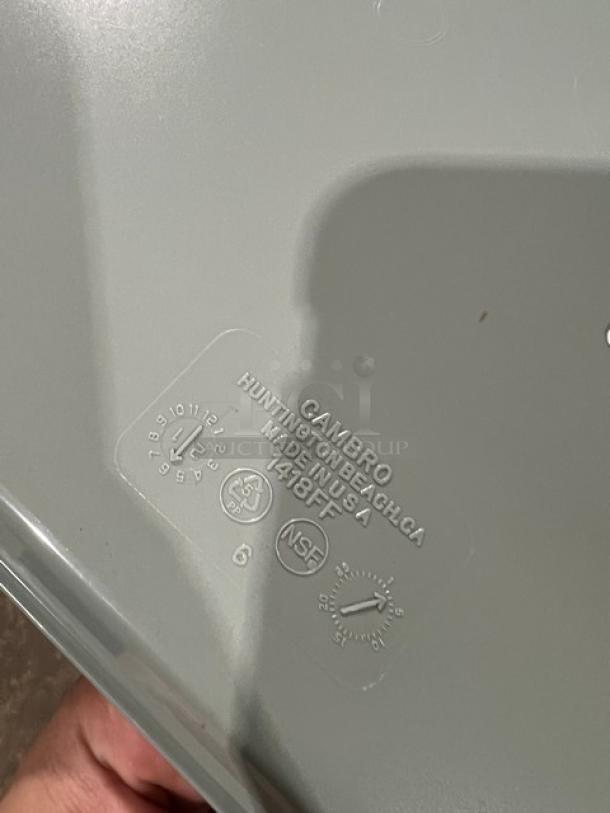 Cambro Commercial Pearl Gray 14"x18" tray, model 1418FF, with embossed labels indicating NSF certification, made in USA.