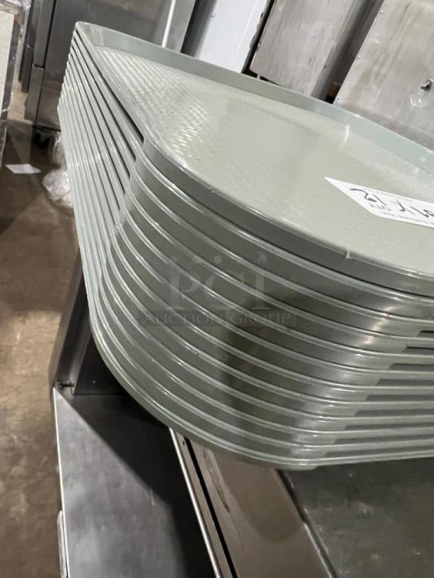 Cambro Commercial Pearl Gray 14"x18" rectangular trays, Model 1418FF, in good condition, stacked in multiple units.