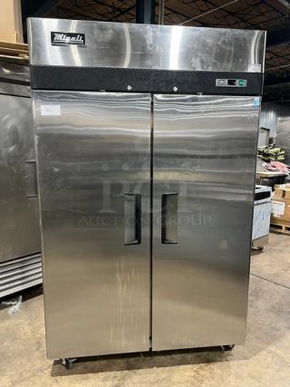 Migali Commercial Stainless Steel Solid 2 Door Vertical Reach-In Freezer! Energy Star Certified! With Poly Coated Wired Rack! Model: C-2F SN: C-2F16012692028! 115V 1 Phase! On Casters! - Item #1218964